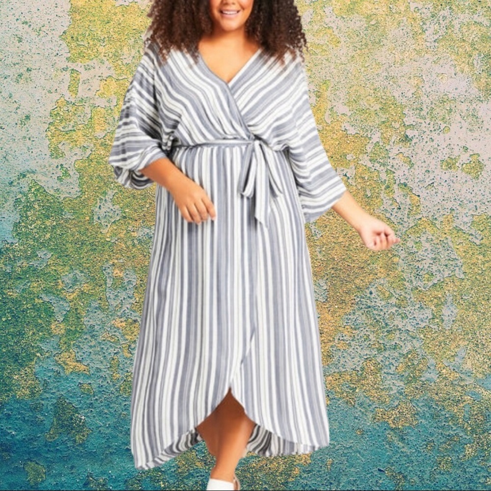 NWT Avenue Lydia Natural Stripe Faux Wrap Dress